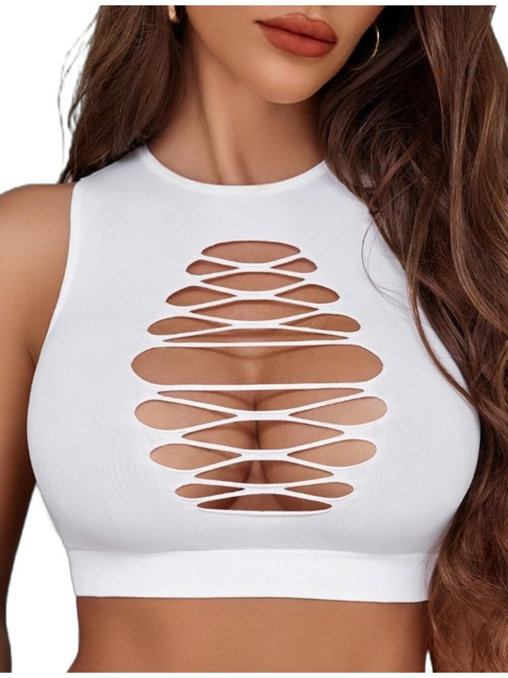 Women's White Fishnet Tank Top Cutout Stretch Rave Goth Festival One Size